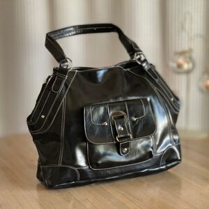 Y2K Large Patent Faux‎ Leather Black Shoulder Tote Buckle Purse Front Pocket